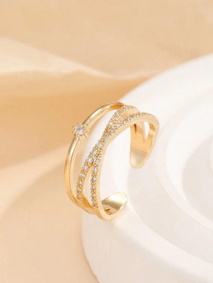 COPPER MICRO-INLAID CUBIC ZIRCONIA OPEN ADJUSTABLE RING - Shiny Golden image