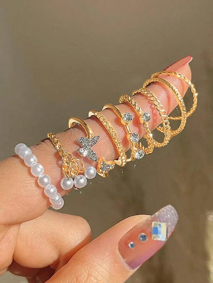 9pcs European And American Sweet Double Inlaid Diamond Artificial Pearl Butterfly Ring image 0