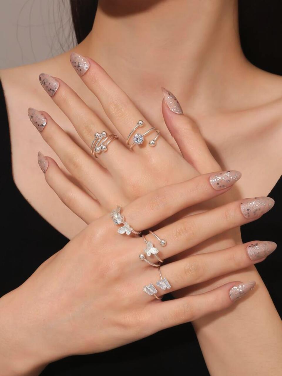 5pcs/set Fashionable Zinc Alloy Cubic Zirconia & Butterfly Decor Cuff Ring image 1
