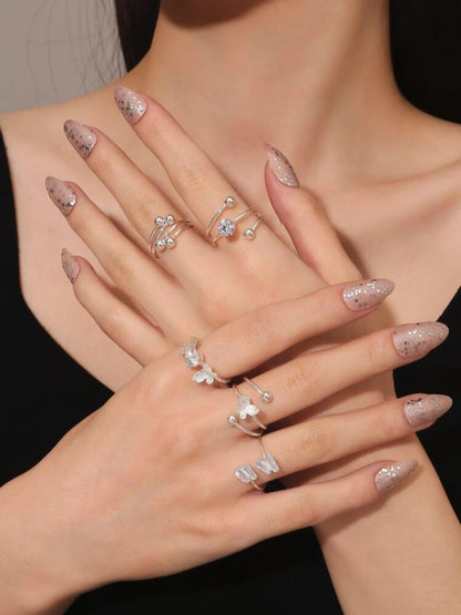 5pcs/set Fashionable Zinc Alloy Cubic Zirconia & Butterfly Decor Cuff Ring image 1