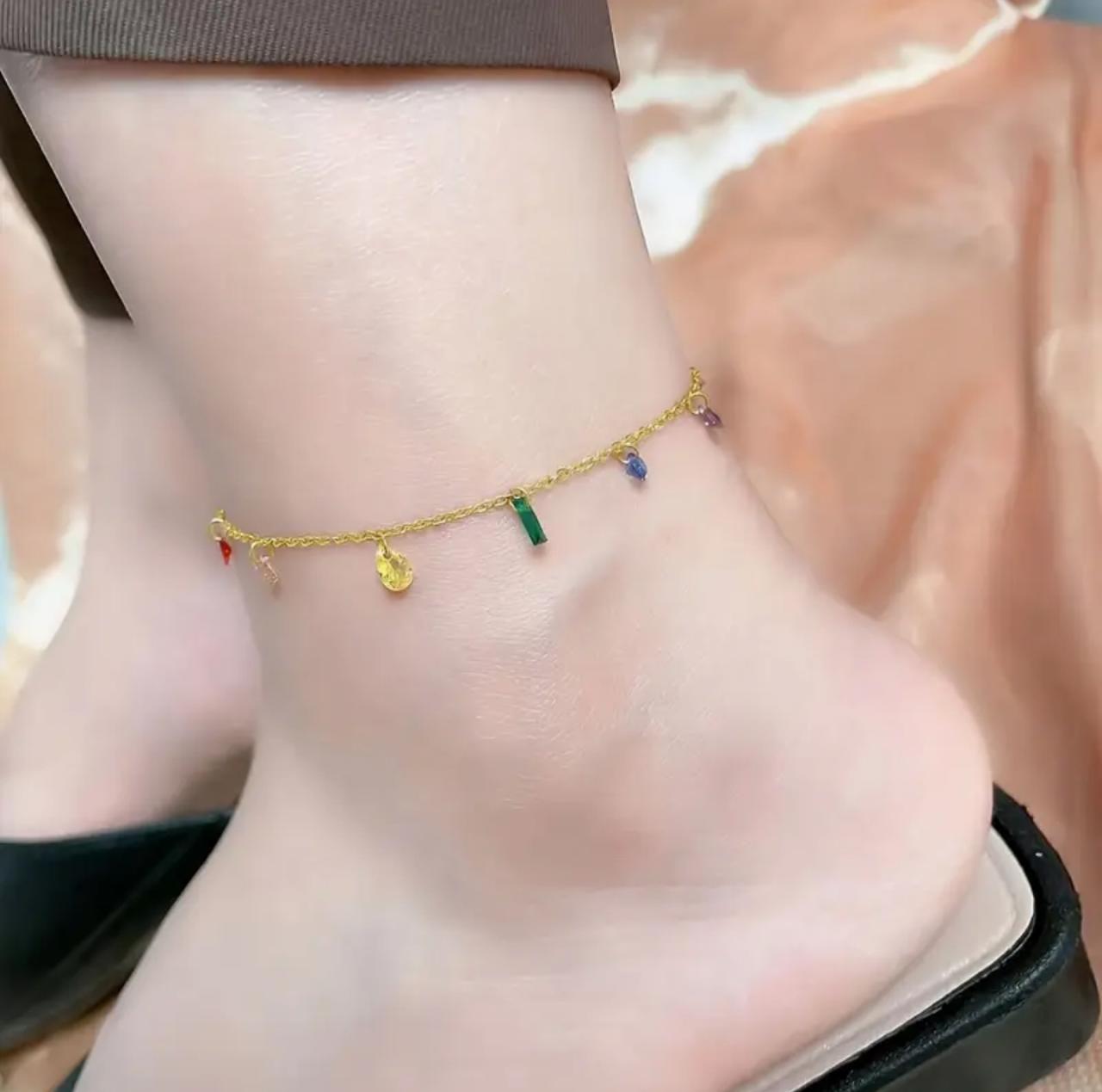Elegant 18K Golden Plated Stainless Steel Anklet with Synthetic Cubic Zirconia, Rainbow Design, French and Japanese Style, Versatile for Daily Wear and Parties image 4