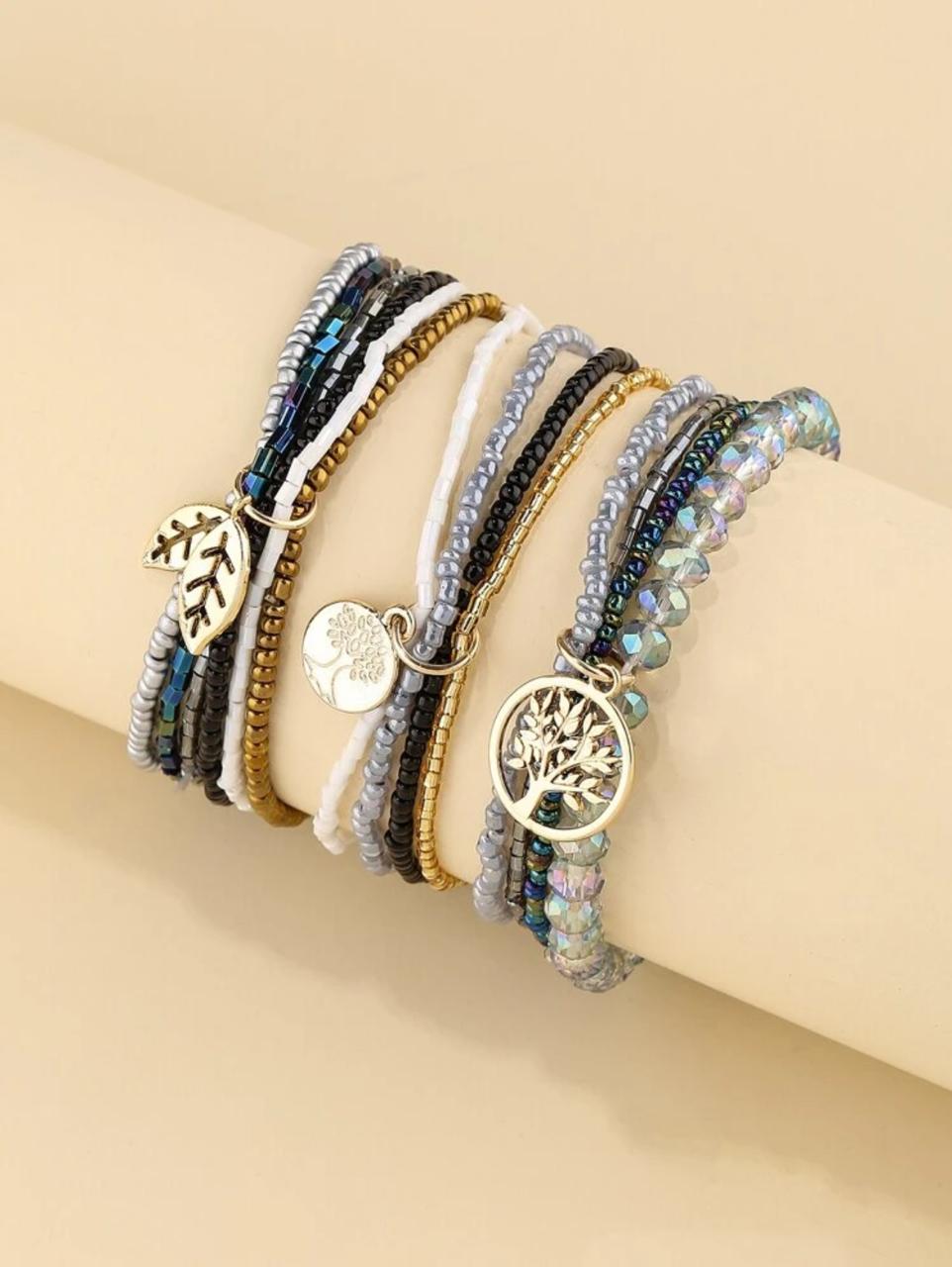3 Pieces Tree Decor Layered Beaded Bracelet - Multi Color image