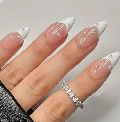 Medium Length French White Pearl Trim Fake Nails Set image 2