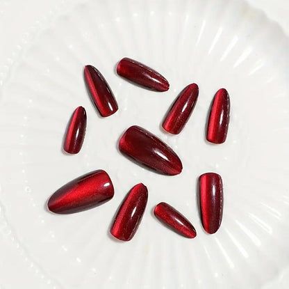 24 pcs/set Y2K Aesthetics Blood Red Crystal Cat'S Eye Press On False Nails, Includes 1pc Nail File, Suitable for Women and Girls Daily Wear image 2