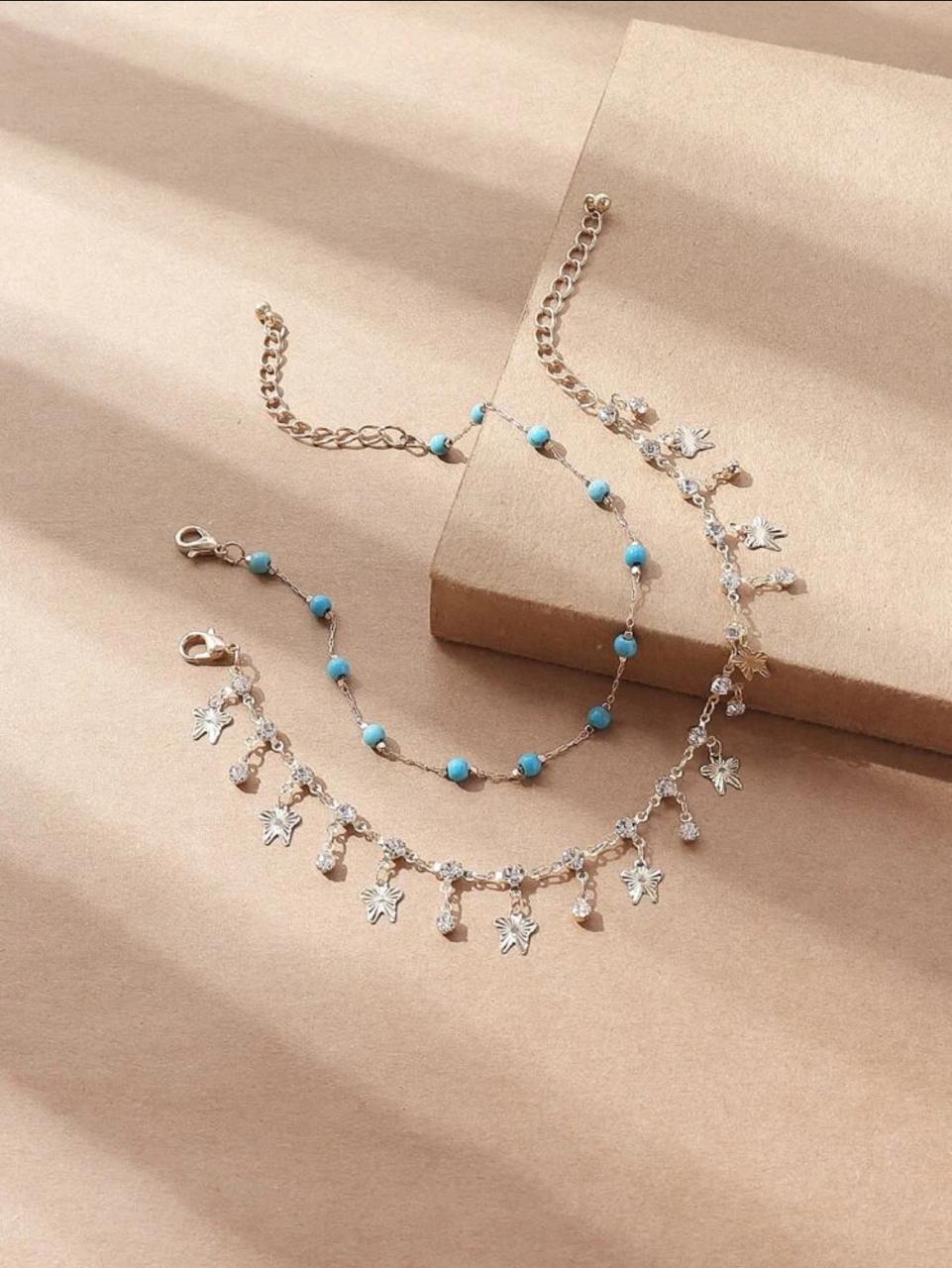 2pcs Fashionable And Shiny Faux Diamond Butterfly Glass Beaded Anklet image 5