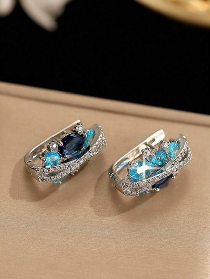 GORGEOUS BLUE WHITE CUBIC ZIRCONIA PAVED ELEGANT TRENDY ROUND D?COR EARRINGS image 6