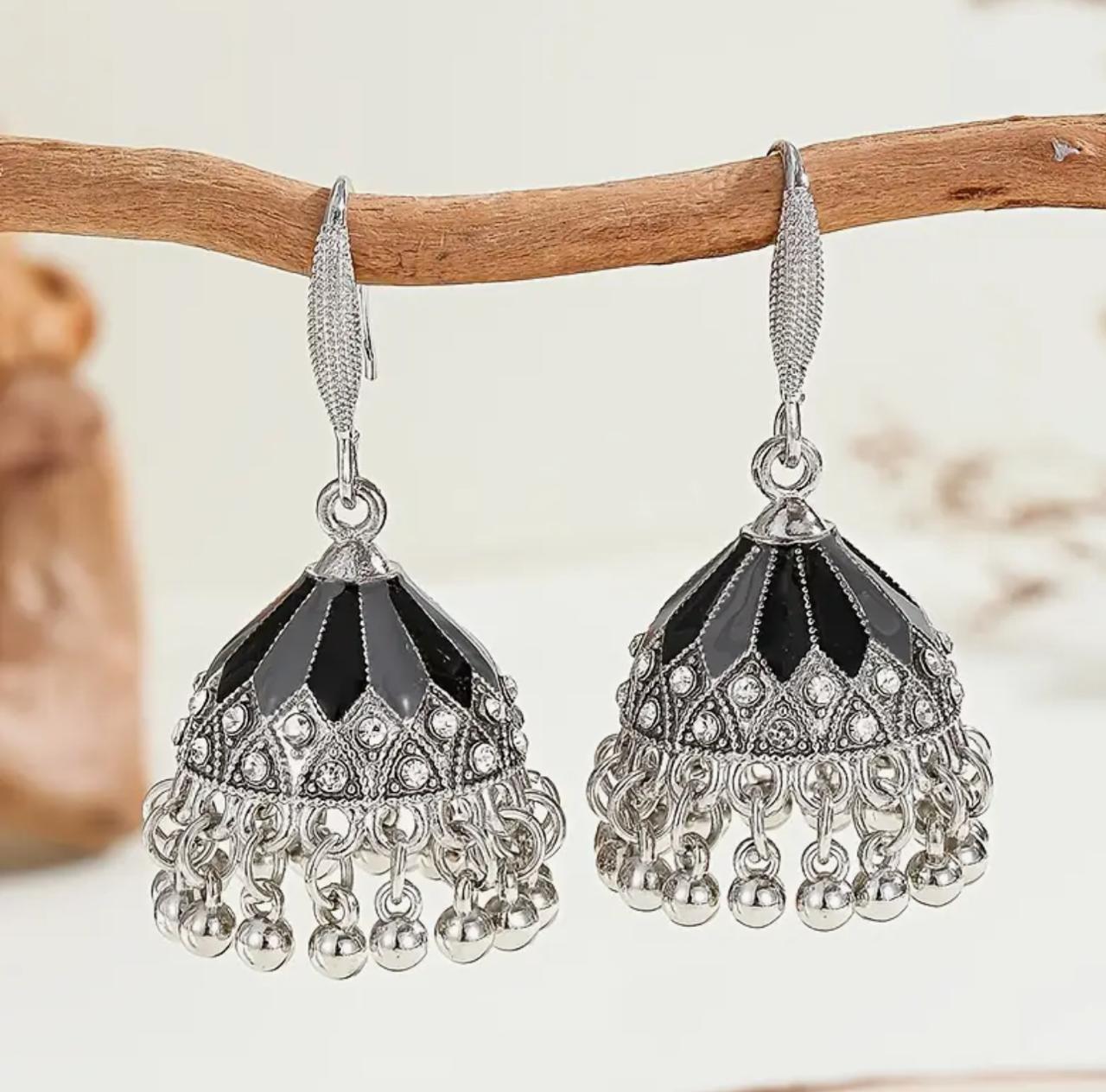 Elegant bohemian-style silver-toned dangles adorned with sparkling inlaid rhinestones image 0