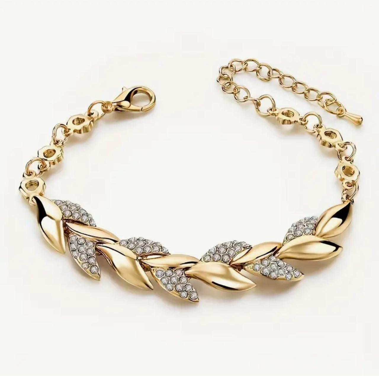 Fashion Alloy Bracelet with Leaf-Shaped Rhinestone Mosaic Design - No Plating, Elegant Daily Wear image 0