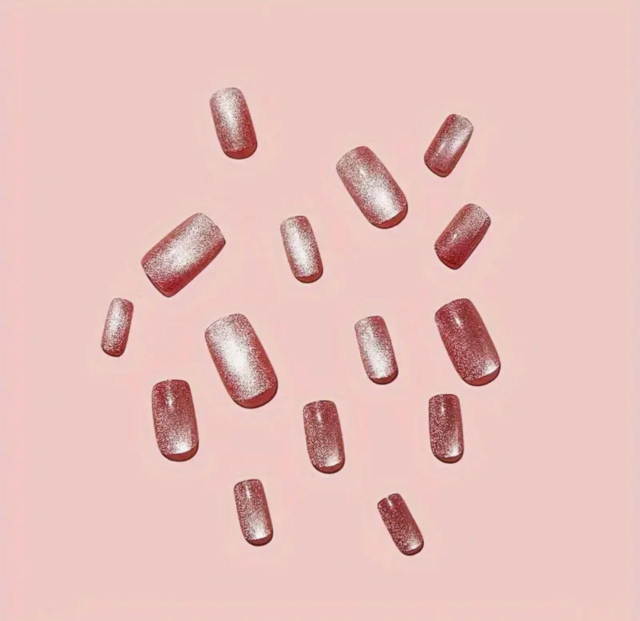 24Pcs Glitter Press On Medium Square Glitter Pinkish Cat Eye With Design Glossy Fake Nails image 1