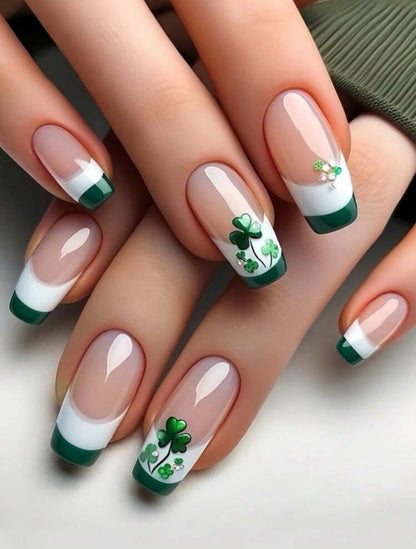 24pcs Ballet Shaped Green Clover Rhinestone Glamorous False Nails image 3