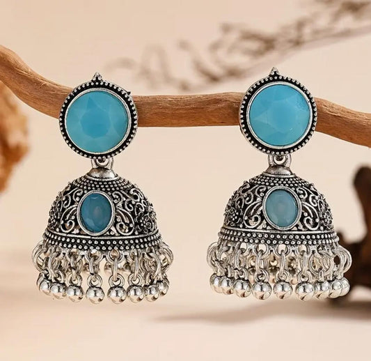 Vintage Bell Tassel Jhumka with Turquoise Stone – Intricate Filigree Design, Perfect for Weddings, Parties, and Casual Attire image 0