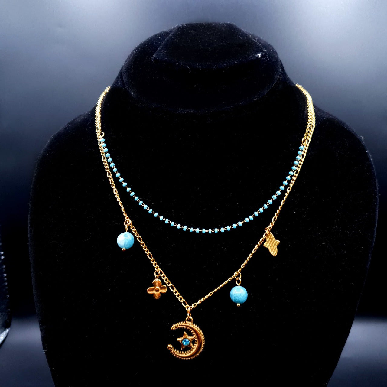 Double Strand Turquoise Necklace with Crescent Moon Pendant image 4