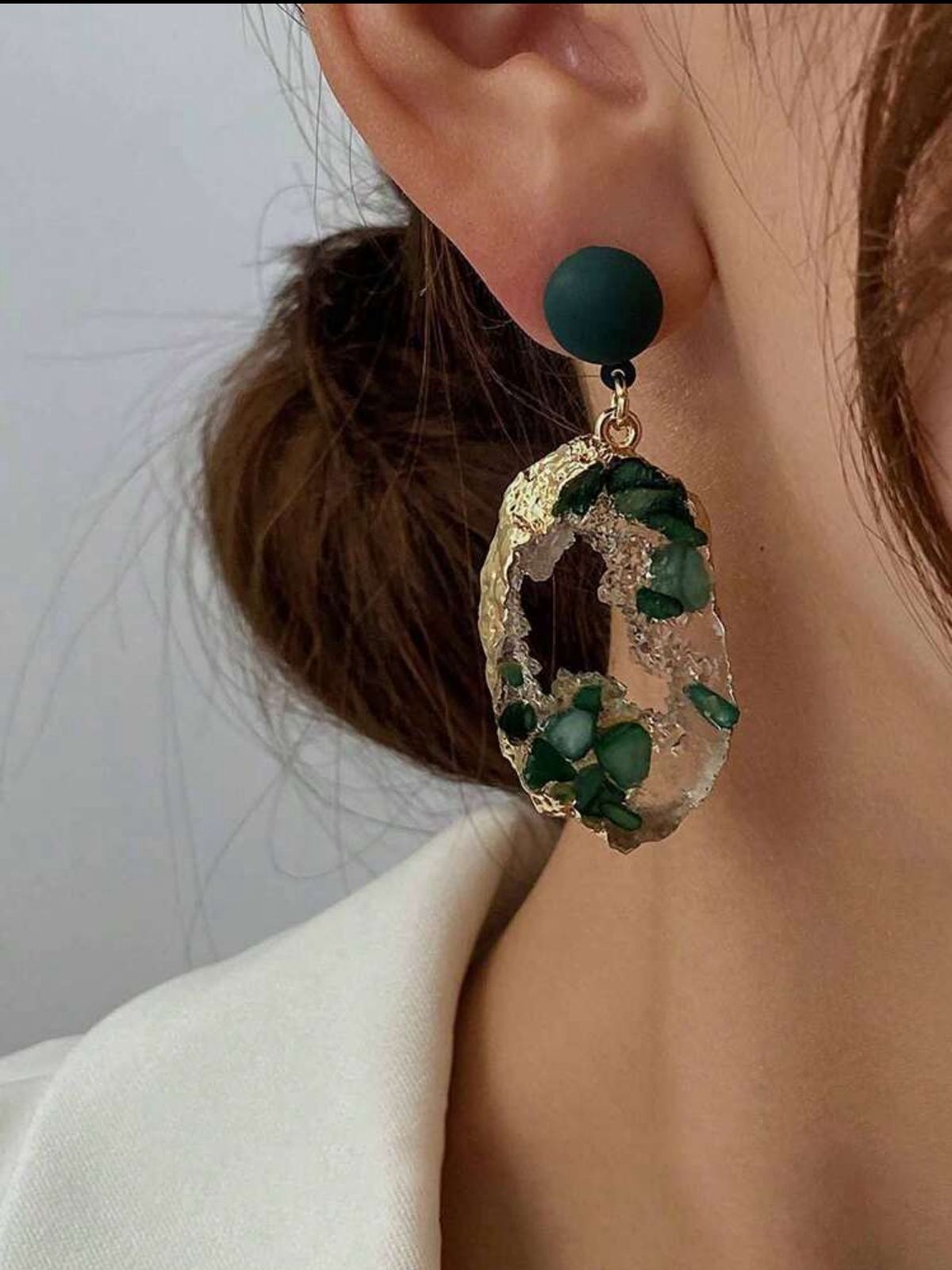 Asymmetrical Vintage Green Resin Transparent Stone Dangle Earrings image 1