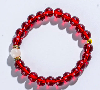 Vintage Elegant Money Attracting Bracelet, Red Glass & Moonstone Beaded Stretch Rope image 3