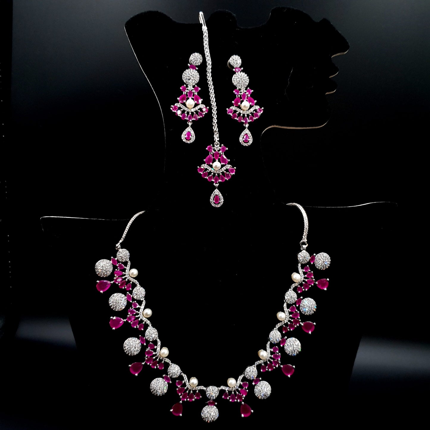 BRIDEL & PARTY WEAR SILVER WITH ZARQAN PINK NEKLACE SET (NEKLACE, BINDI & EAR RINGS) image 6