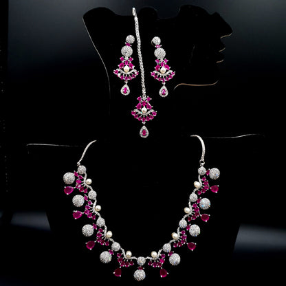 BRIDEL & PARTY WEAR SILVER WITH ZARQAN PINK NEKLACE SET (NEKLACE, BINDI & EAR RINGS) image 6