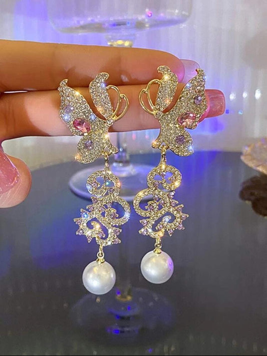 RHINESTONE BUTTERFLY PEARL EARRING image 0