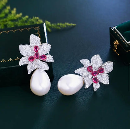 Sparkly Rose Red Zirconia Big Flower Artificial Pearl Drop Earrings image 1