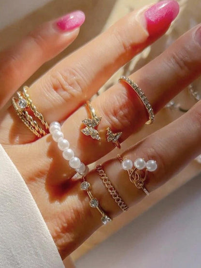 9pcs European And American Sweet Double Inlaid Diamond Artificial Pearl Butterfly Ring image 3