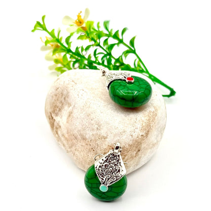 Elegant Teardrop Earrings Featuring Green Marbled Stones set in Silver Ornate -tone metal image 2