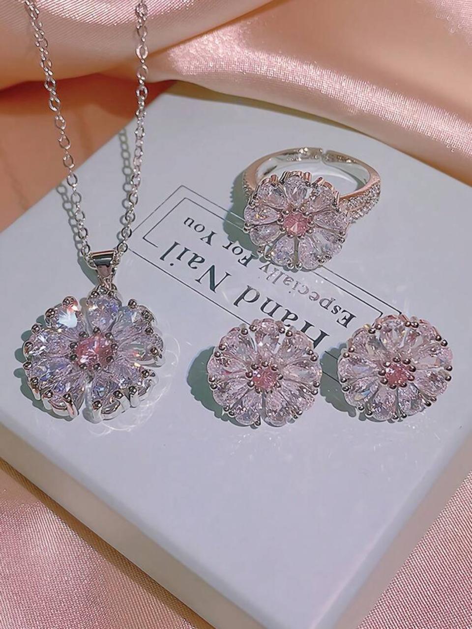 Pink Cubic Zirconia Flower Design Necklace Set image 1