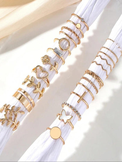 24pcs Vintage Heart Ring Set Skeleton Butterfly Pearl Crystal Geometric Ring image 3