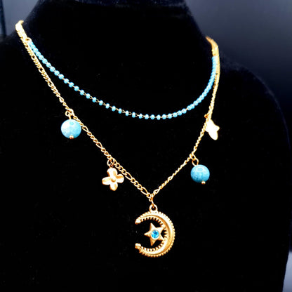 Double Strand Turquoise Necklace with Crescent Moon Pendant image 5