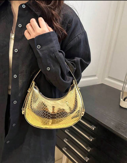 Metallic Snakeskin Embossed Hobo Bag Solid Color Crocodile Embossed Shoulder Bag image 1