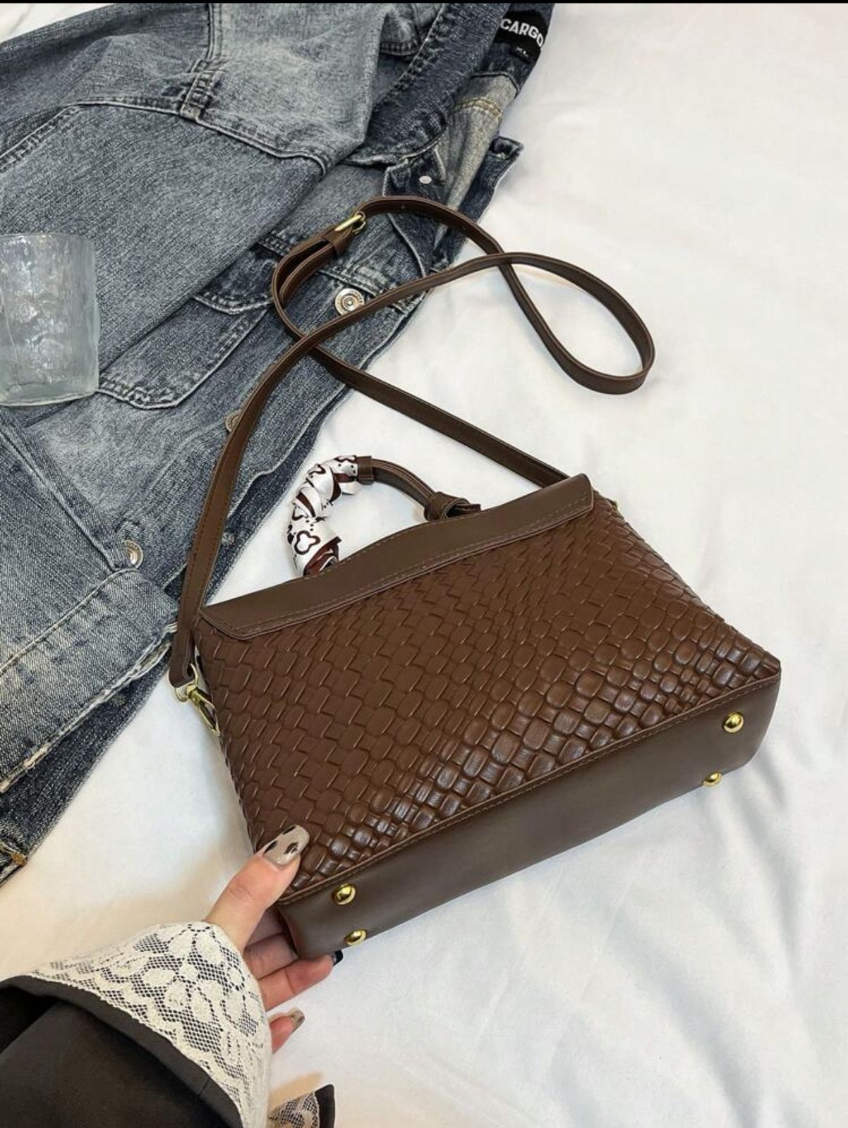 Classic Fashion Women Woven Colorblock Tote Shoulder Bag image 5
