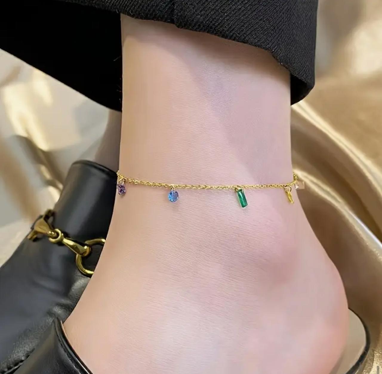Elegant 18K Golden Plated Stainless Steel Anklet with Synthetic Cubic Zirconia, Rainbow Design, French and Japanese Style, Versatile for Daily Wear and Parties image 2