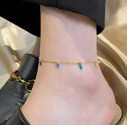 Elegant 18K Golden Plated Stainless Steel Anklet with Synthetic Cubic Zirconia, Rainbow Design, French and Japanese Style, Versatile for Daily Wear and Parties image 2