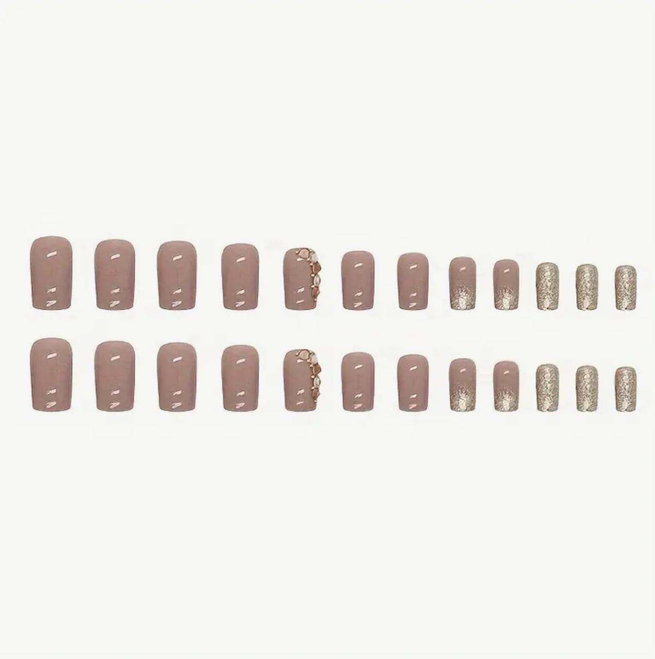 Luxury French Tip Press-On Golden Glitter Accents, Glossy Finish, Short Square Shape Nails image 5