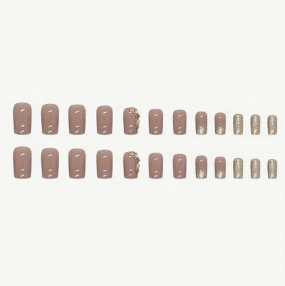 Luxury French Tip Press-On Golden Glitter Accents, Glossy Finish, Short Square Shape Nails image 5