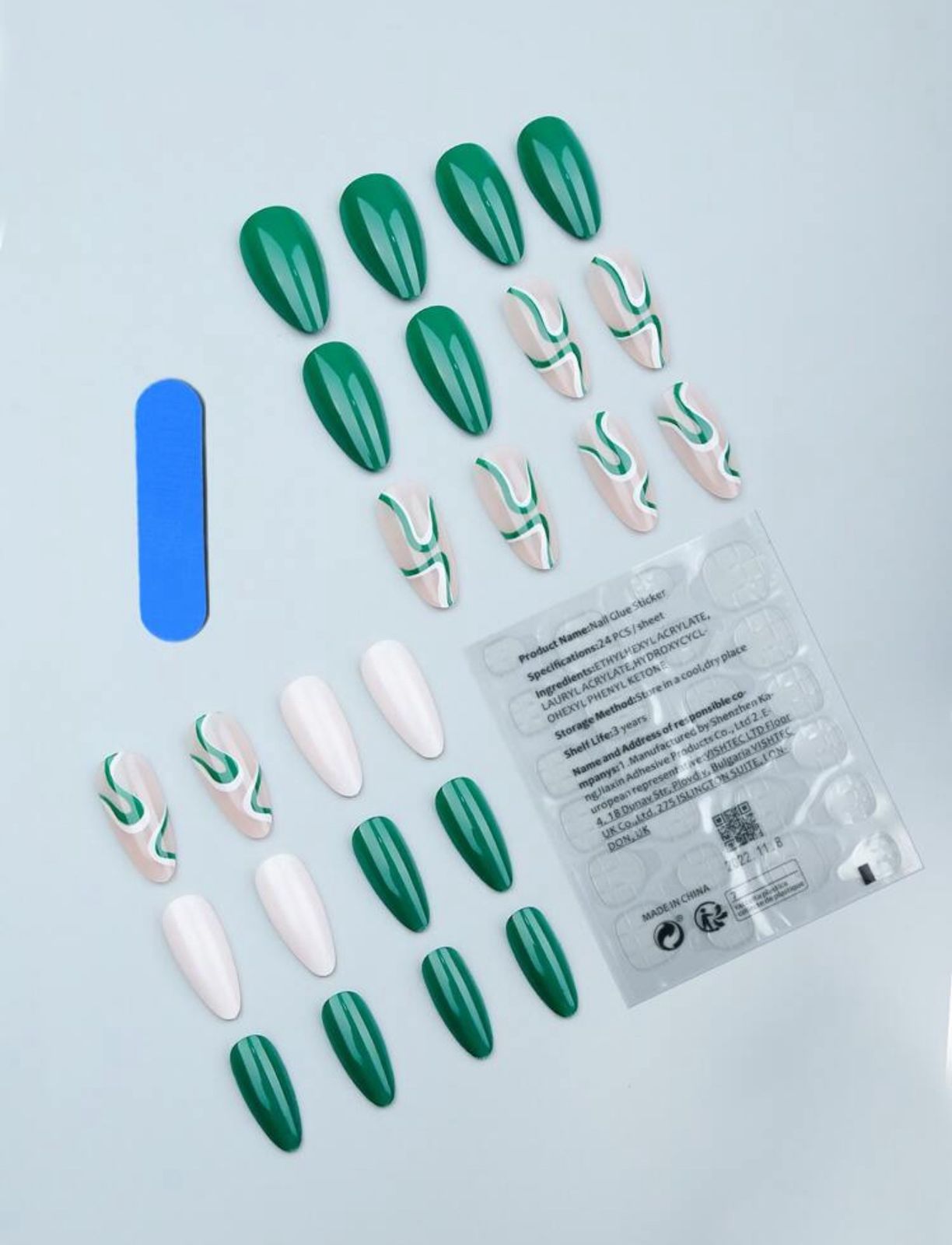 24pcs Y2K Style Long Almond Fake Nail, White & Green Color Cute Stripe, Light Weight & Fit Perfectly image 2