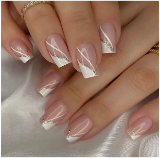 Short-Length Glossy Ballet Nails with Nude Glitter and White Line Design image 0