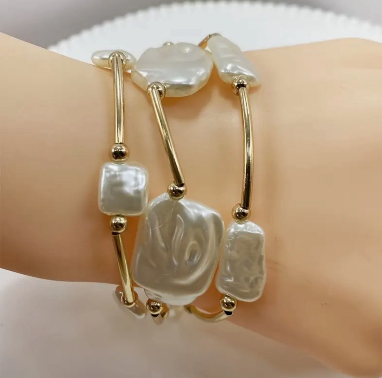 Vintage Elegant Bohemian Style French-Inspired 3-Strand Bracelet Set with Imitation Pearls and Copper image 5