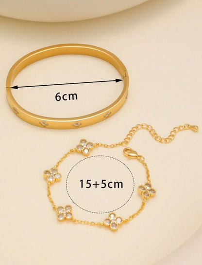 Premium Luxury Elegant 4-Leaf Clover Zirconia Stainless Steel Bracelet & Bangle Set image 6