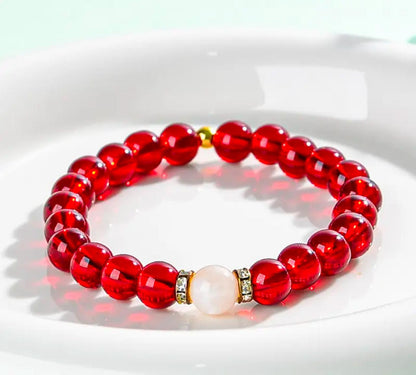 Vintage Elegant Money Attracting Bracelet, Red Glass & Moonstone Beaded Stretch Rope image 1