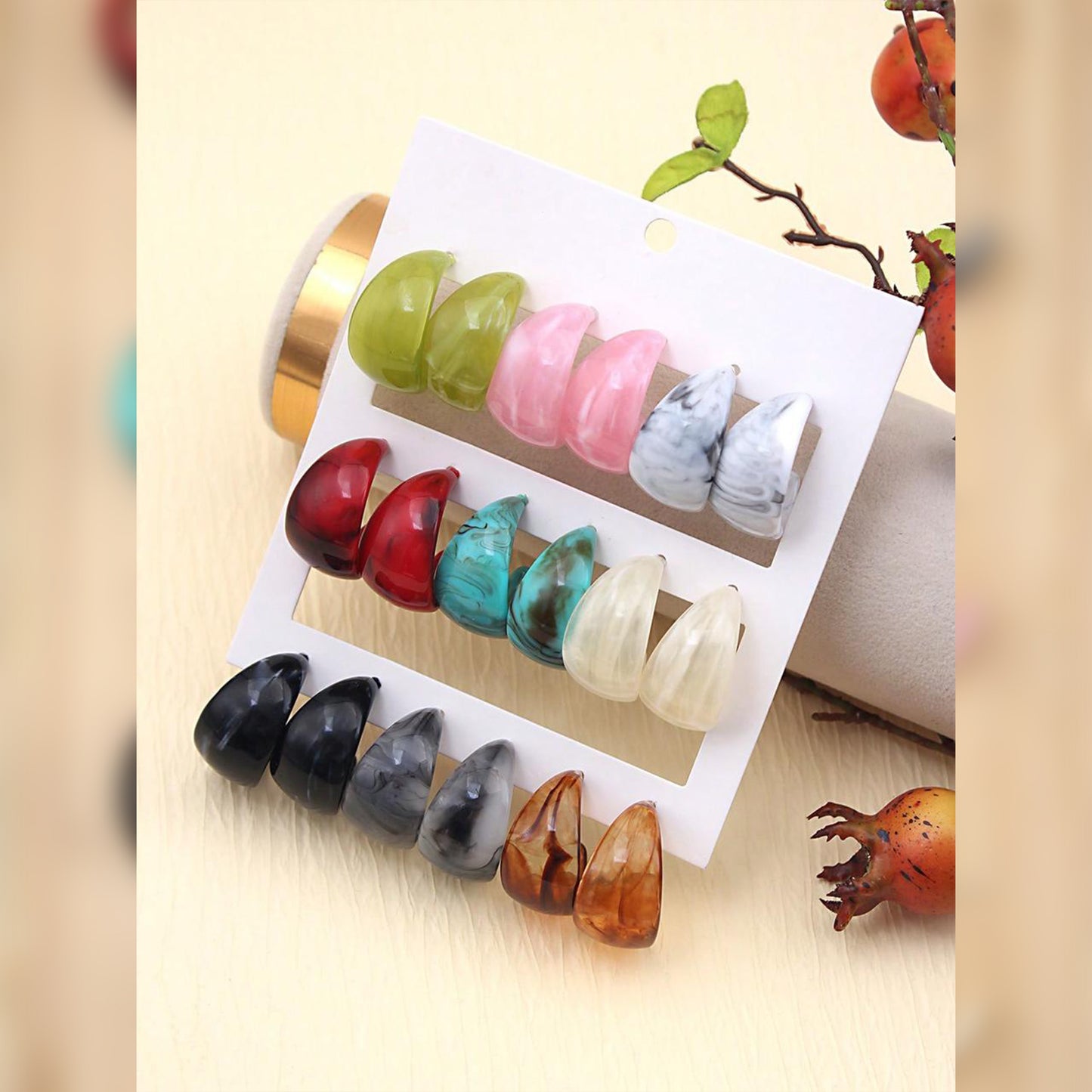 9 PAIR SET - MULTI COLOUR IRREGULAR SHAPE EAR RINGS image 2