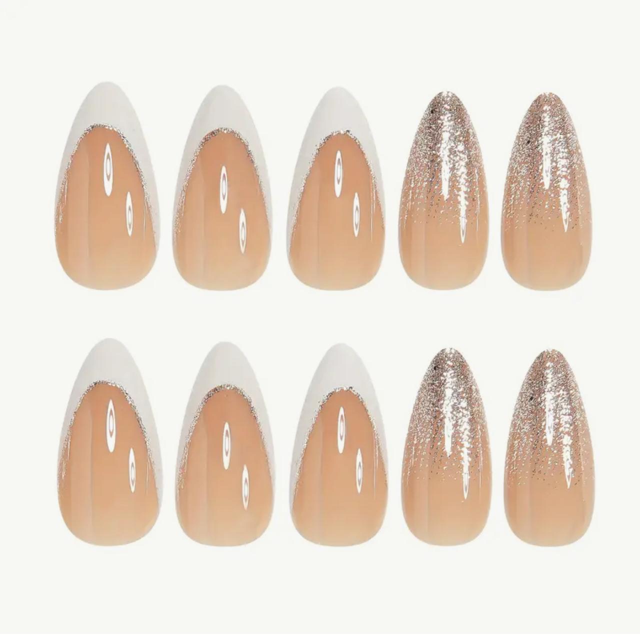 24pcs of Almond Elegant Shiny Silver Glitter French White Changing False Brightening Wearable Nails. image 2