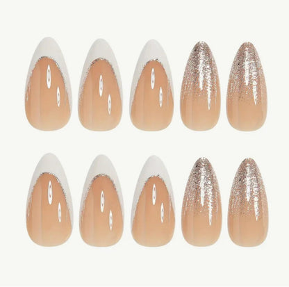 24pcs of Almond Elegant Shiny Silver Glitter French White Changing False Brightening Wearable Nails. image 2
