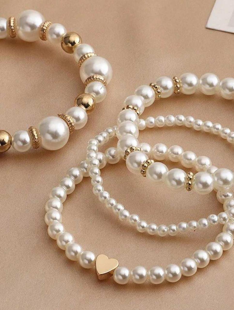 4 PIECE SET FAUX PEARL HEARTS STRING BEAD BRACELET SET image 2