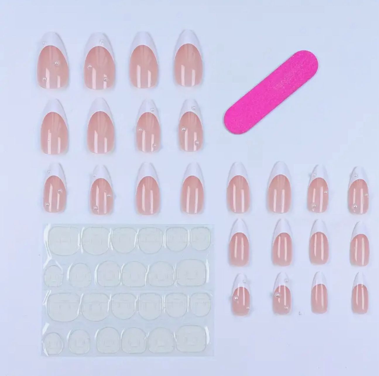 Medium Length French White Pearl Trim Fake Nails Set image 1