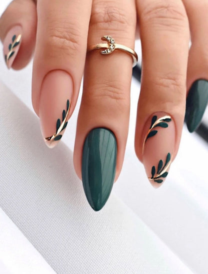 Get Glamorous With 24pcs Long Almond Solid Green Leaf Pattern Leaf Pattern Fake Nail image 0