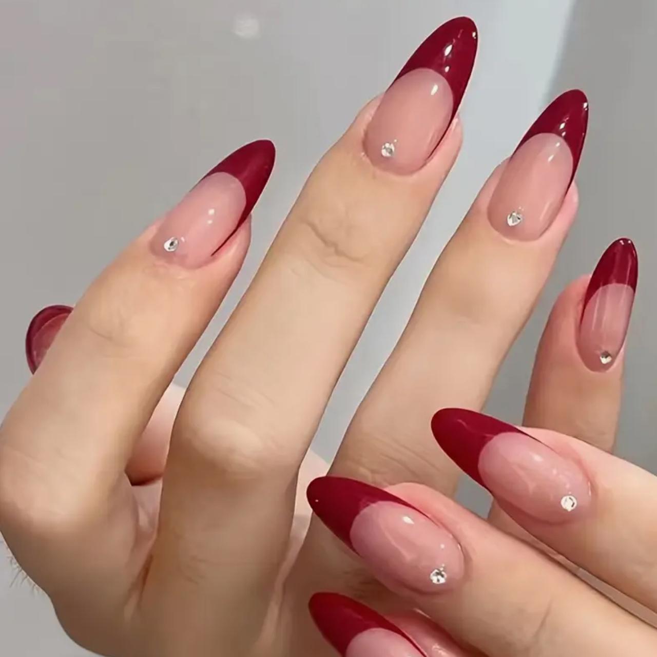 Drop Shape Fake Nails with Red Line, Pink Glossy Colorblock, Glitter Accents, and Rhinestone Embellishments image 4