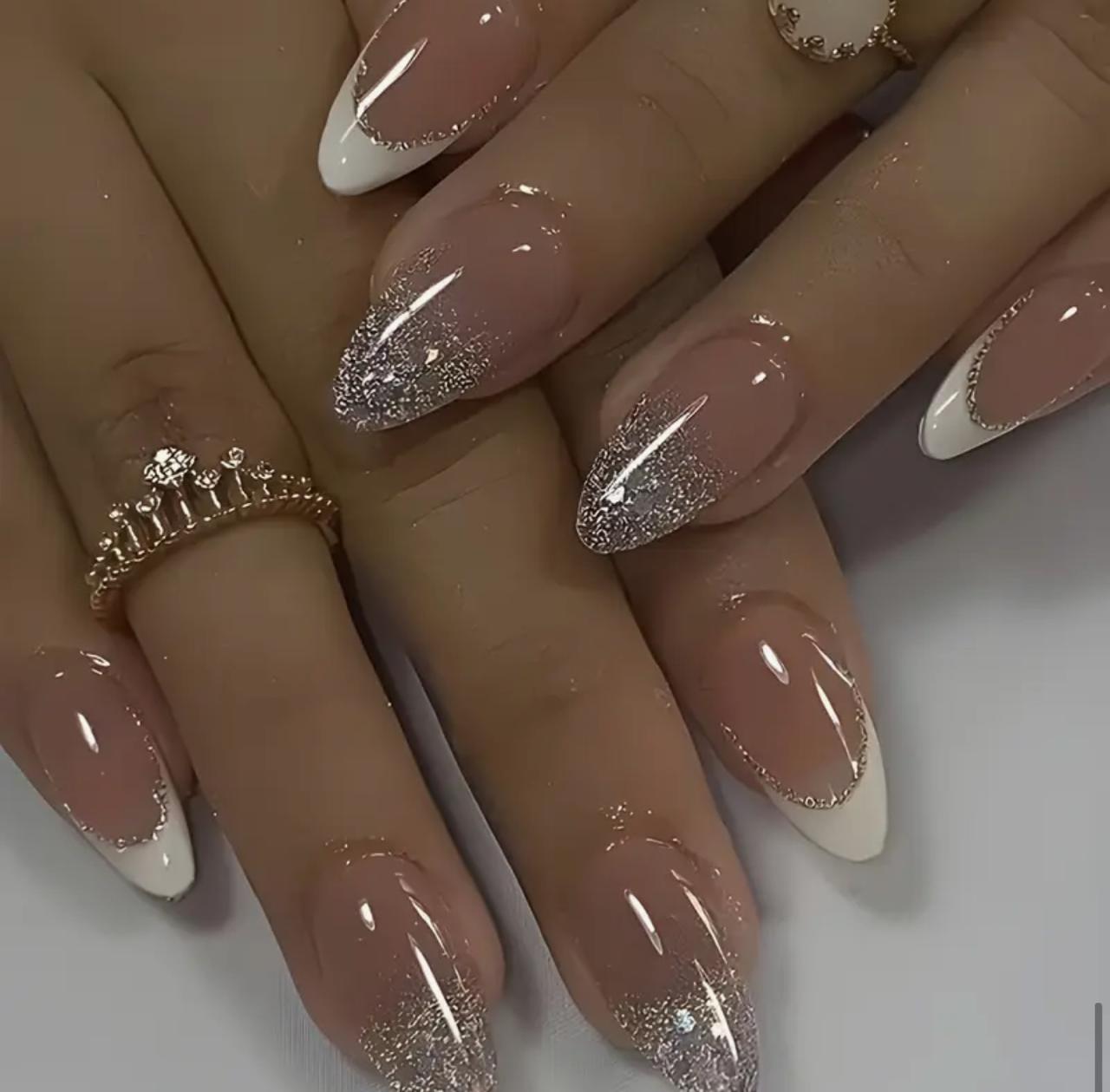 24pcs Medium Almond Press-On Nails, Glossy Pink French Style with Gradient Glitter image 4