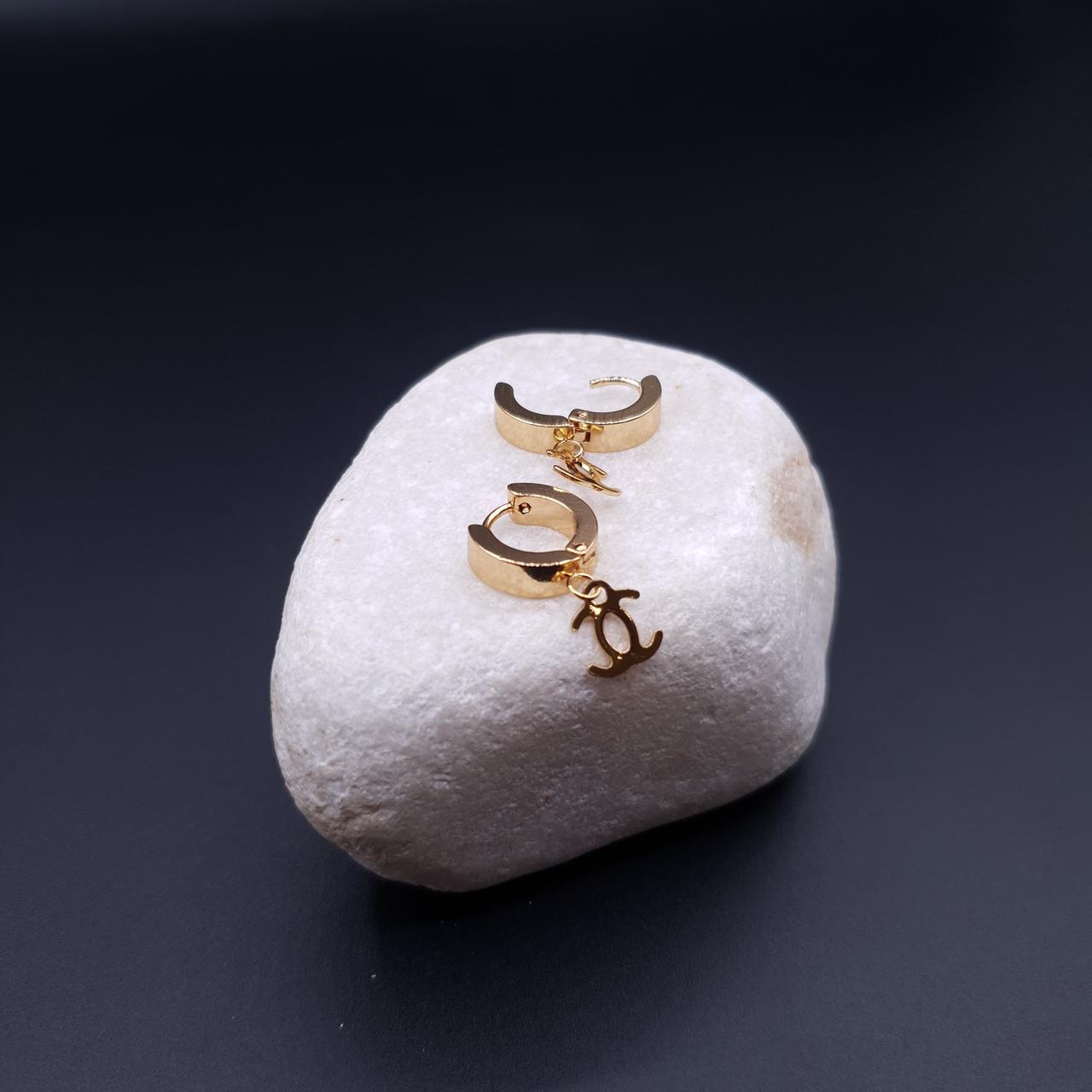 Gold Hoop Earrings with Dangling Double-C Charm image 3