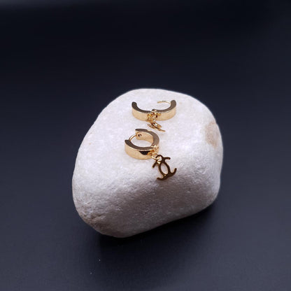 Gold Hoop Earrings with Dangling Double-C Charm image 3