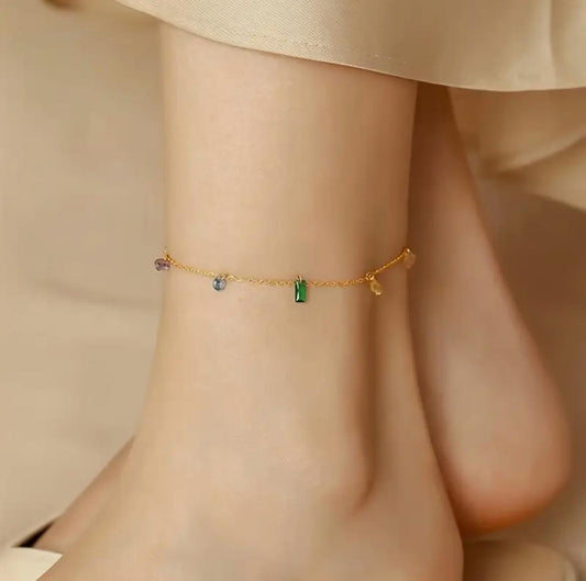 Elegant 18K Golden Plated Stainless Steel Anklet with Synthetic Cubic Zirconia, Rainbow Design, French and Japanese Style, Versatile for Daily Wear and Parties image 0