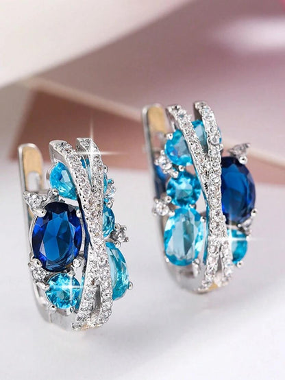 GORGEOUS BLUE WHITE CUBIC ZIRCONIA PAVED ELEGANT TRENDY ROUND D?COR EARRINGS image 4